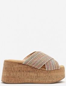 Beżowo-Różowe klapki na Platformie i Koturnie z Korka Ozdobione Metaliczną Nicią Maitoria ideal