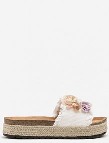 Białe klapki na Plecionej Podeszwie z Ozdobną Aplikacją z Kwiatami Janilora ideal damskie