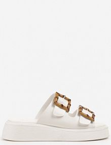 Białe klapki na Niskiej Platformie Zdobione Klamrami z Imitacji Drewna Nilanoria ideal damskie