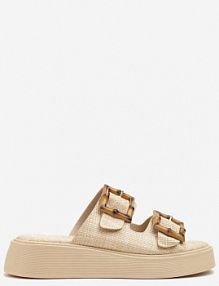 Beżowe klapki na Niskiej Platformie Zdobione Klamrami z Imitacji Drewna Nilanoria ideal damskie