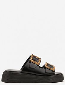 Czarne klapki na Niskiej Platformie Zdobione Klamrami z Imitacji Drewna Nilanoria ideal damskie