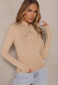Beżowa bluzka z Marszczeniem Przy Zabudowanym Dekolcie Nivana Renee damska