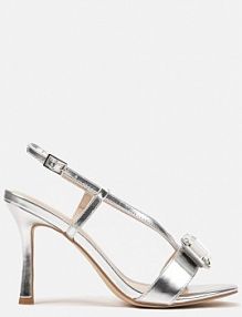 Srebrne Eleganckie sandały na obcasie z Ozdobnym Kamieniem i Paskami Aridwenna Renee