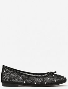Czarne Siateczkowe Balerinki na Płaskiej Podeszwie z Cyrkoniami i Koronką Froresi Renee