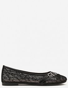 Czarne Koronkowe Balerinki z Ozdobnymi Paskami ze Sprzączkami Ajerla Renee