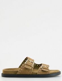 Zamszowe klapki z klamrami Reserved beżowe damskie 775CP-80X