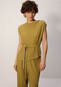 Plisowany top z wiązaniem Reserved oliwkowy damski WC373-81X