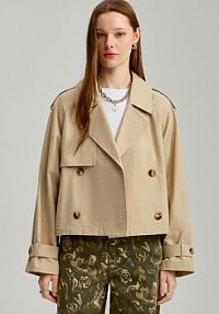 Krótki jasno trencz dwurzędowy bez podszewki House beżowy 468CX-12X