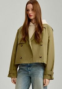 Krótki  trencz dwurzędowy bez podszewki House oliwkowy 468CX-91X