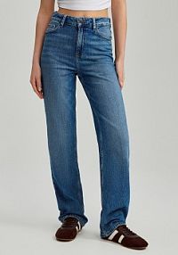 Niebieskie jeansy straight fit z wysokim stanem House granatowe damskie 941CK-59J