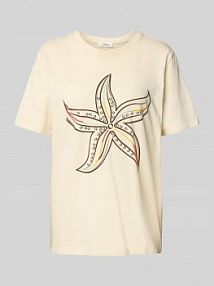 T-shirt o kroju relaxed fit z nadrukiem z przodu i ozdobnymi perełkami s.Oliver RED LABEL beżowy damski EAN 2166248