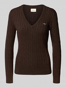 Sweter z dzianiny z dekoltem w serek i wyhaftowanym logo Gant brązowy damski EAN 4800101