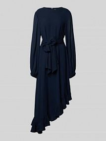 Długa sukienka o dopasowanym kroju z asymetrycznym dołem obszytym falbaną model IFLOWER Essentiel Antwerp granatowa EAN Iflower