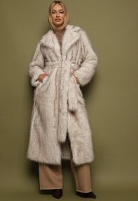 Jasnobeżowy płaszcz Futerko z Wiązanym Paskiem Denella Born2Be damski