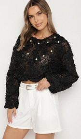 Czarna Siateczkowa bluzka z Wiskozą z Aplikacjami i Metaliczną Nicią Naliomira Born2Be damska