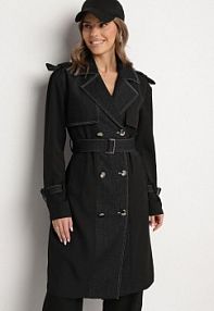 Czarny płaszcz Trencz z Bawełną Ozdobiony Jeansowymi Wstawkami Tirsedi Born2Be damski