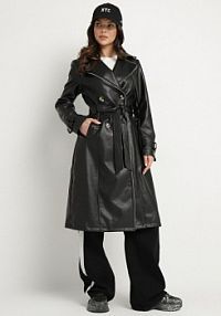 Czarny Dwurzędowy płaszcz Trencz z Imitacji Skóry z Wiązanym Paskiem Nilovessa Born2Be damski