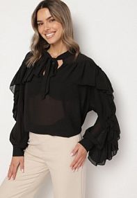 Czarna Wiskozowa bluzka Zdobiona Wiązaniem i Falbanami z Transparentną Wstawką Filomia Born2Be damska