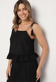 Czarna Bawełniana bluzka Ozdobiona Frędzlami Falbanką i Haftami Milorea Born2Be damska