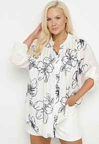 Biało-Granatowa koszula z Bawełną w Haftowane Kwiaty Tolarea Born2Be damska