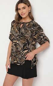 Czarno-Beżowa bluzka z Bawełną i Abstrakcyjnym Wzorem Lunaliena Born2Be damska