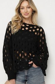 Czarny Ażurowy sweter o Nietoperzowym Kroju z Dodatkiem Wełny Filonessa Born2Be damski