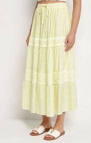 Żółta spódnica z Wiskozą o Rozkloszowanym Kroju z Koronkowym Zdobieniem Banilea belcci