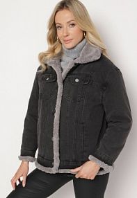 Ciemnoszara Jeansowa kurtka z Bawełną Ocieplana Futerkiem Valeti Born2Be damska