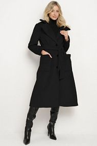 Czarny Jednorzędowy płaszcz o Długim Kroju Ozdobiony Paskiem Soleeti Born2Be damski