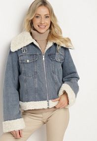 Niebieska kurtka Jeansowa z Bawełną i Futerkiem w Stylu Baranka Sallona Born2Be damska