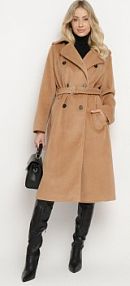 CIemnobeżowy Długi Dwurzędowy płaszcz z Paskiem Senoriel Born2Be damski