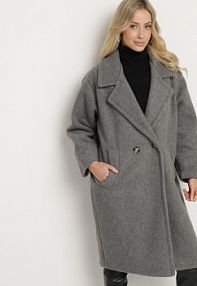 Szary Dwurzędowy płaszcz z Wełną Sora Born2Be damski