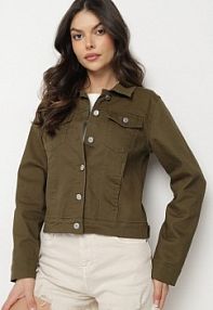 Ciemnozielona Bawełniana kurtka Jeansowa Zapinana na Metalowe Guziki Auratia Born2Be damska