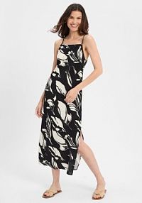 Letnia sukienka  z lnem  Qualeza w kwiaty Kobiety wiskoza czarna/biała wzorzysty 42 Someday