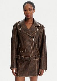 Kurtka skórzana Guess brązowa damska Z imitacji skóry