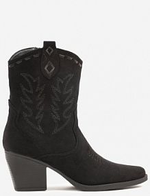 Czarne Botki kowbojki na Stożku Ozdobione Haftem Falacine Renee