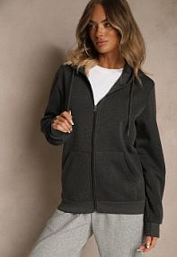 Ciemnoszara bluza rozpinana z Kapturem z Bawełną Ozdobiona Sznurkami Odiola Renee damska