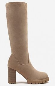 Ciemnobeżowe Kozaki z Imitacji Zamszu na Obcasie Typu Słupek Rilaresa ideal