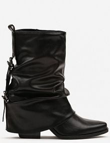 Czarne Botki kowbojki na Stożku z Marszczoną Wywiniętą Cholewką i Klamrami Finitta Renee