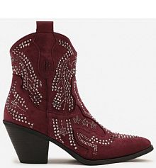 Bordowe kowbojki Botki Ozdobione Cyrkoniami na Stożkowym Słupku Tulmira Renee