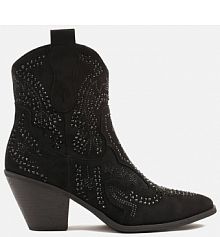 Czarne kowbojki Botki Ozdobione Cyrkoniami na Stożkowym Słupku Tulmira Renee