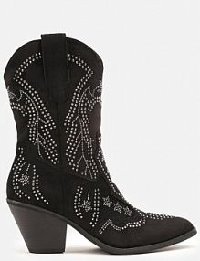 Czarne Botki na kowbojki na Słupku z Cyrkoniami Flarise Renee