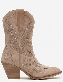 Ciemnobeżowe Botki na kowbojki na Słupku z Cyrkoniami Flarise Renee