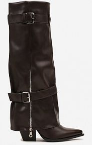 Brązowe Kozaki na Stożku z Cholewką Imitującą Nogawkę z Klamrami i Suwakiem Erseria ideal