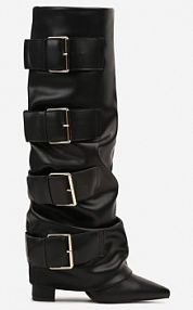 Czarne Kozaki na Słupku z Wywiniętą Cholewką i Klamrami Arullia ideal