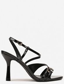 Czarne sandały na obcasie Zdobione Skośnym Paskiem i Klamerkami Mallunea ciaodeo