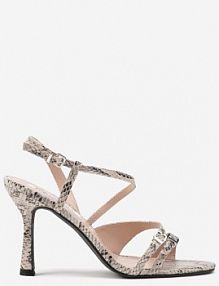 Beżowo-Czarne Wężowe sandały na obcasie Zdobione Skośnym Paskiem i Klamerkami Mallunea ciaodeo