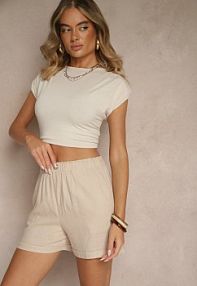 Jasnobeżowe Casualowe szorty z Lnem z Gumką w Pasie i Kieszeniami Filionella bh forever damskie