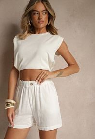 Białe Casualowe szorty z Lnem z Gumką w Pasie i Kieszeniami Filionella bh forever damskie
