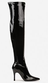 Czarne Kozaki na Obcasie z Przylegającą Cholewką za Kolano z Lakierowanym Połyskiem Nelasena Renee